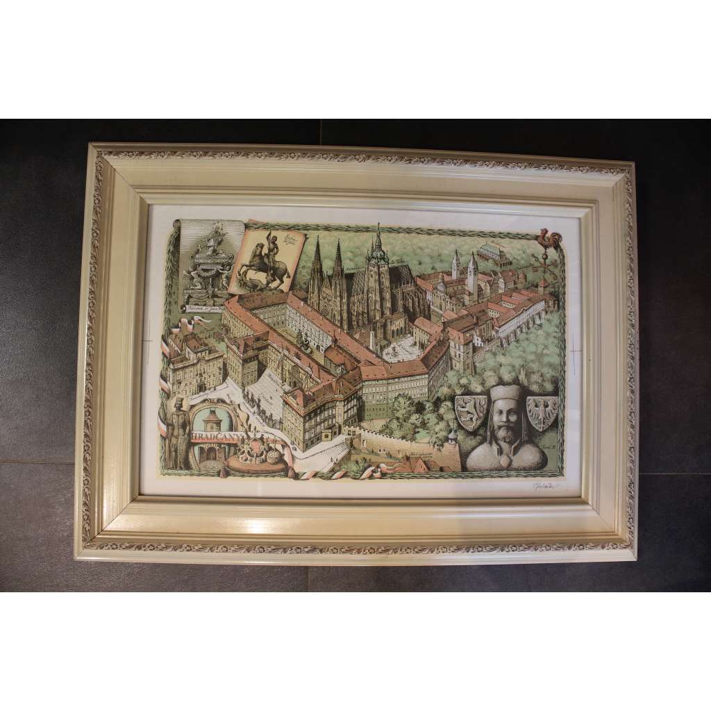 Pražský hrad. Originál 4 barevná litografie. Cena včetně rámu (podpis Vojtěch Kubašta) Pražský hrad. Originál 4 barevná litografie. Cena včetně rámu (podpis Vojtěch Kubašta)
