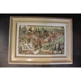 Pražský hrad. Originál 4 barevná litografie. Cena včetně rámu (podpis Vojtěch Kubašta)