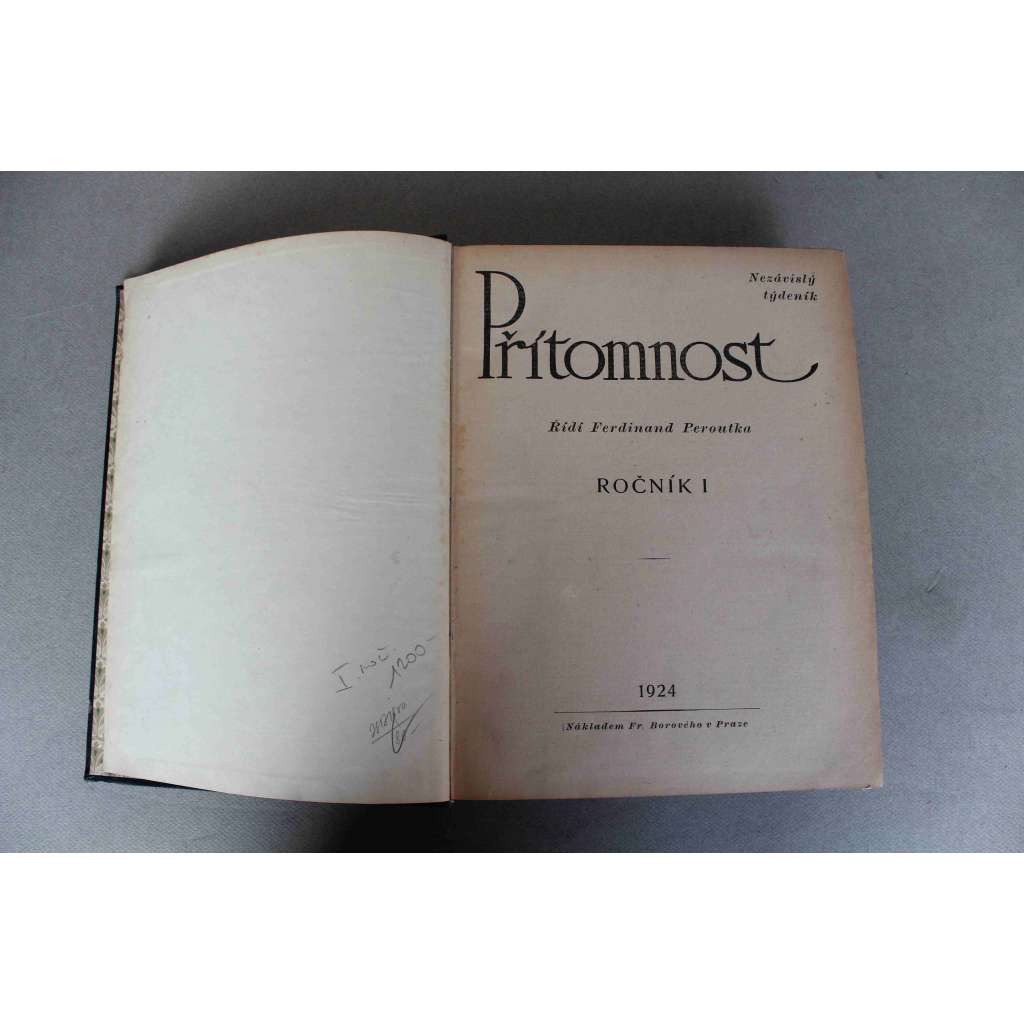 Přítomnost 1924, roč. I. (časopis, týdeník, první republika, mj. F. Peroutka - Lenin, Zboševisování bolševismu; K. Čapek - O české kuchyni; J. Čapek - Čapek o Josefovi, T. Mann - Co jsem poznal z okultismu)