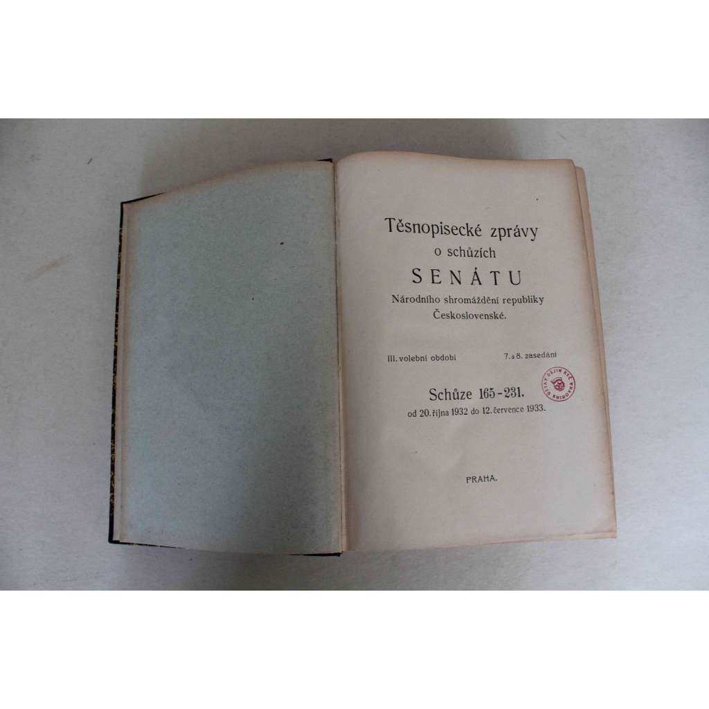 Těsnopisecké zprávy o schůzích senátu Národního shromáždění republiky Československé 1932-1933 Schůze 165-231 (senát, první republika, tisky, zákony; polokožená vazba - vazba kůže)