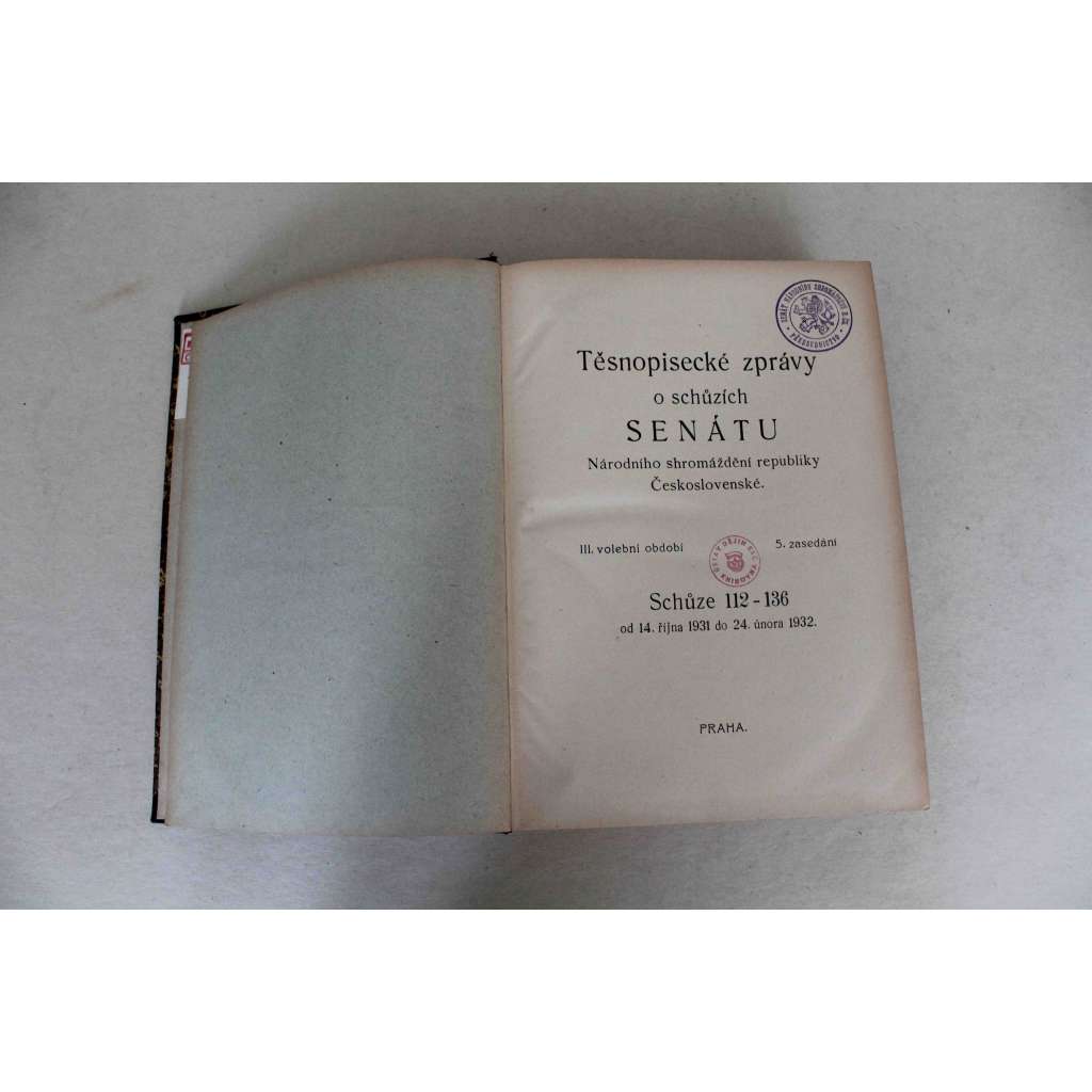 Těsnopisecké zprávy o schůzích senátu Národního shromáždění republiky Československé 1931-1932. Schůze112-136 (senát, první republika, tisky, zákony; polokožená vazba - vazba kůže)