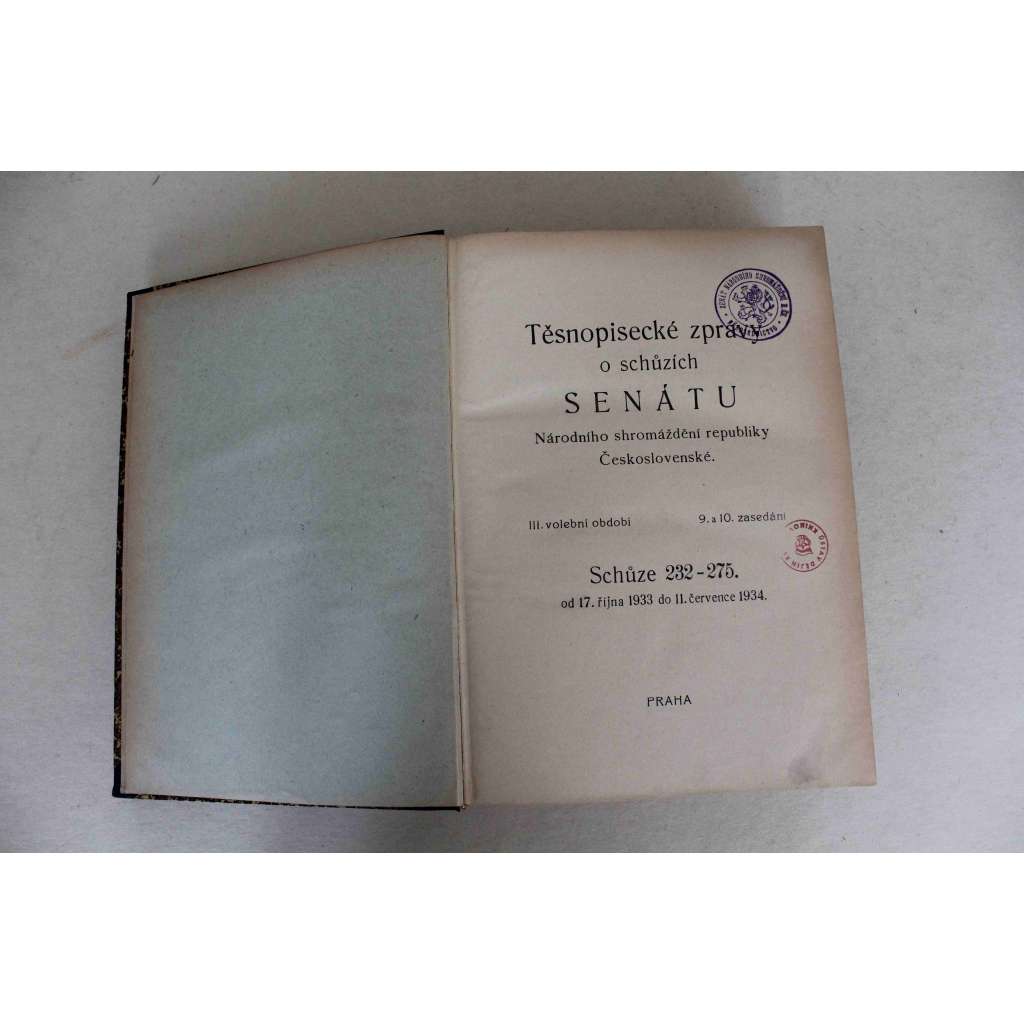 Těsnopisecké zprávy o schůzích senátu Národního shromáždění republiky Československé 1933-1934. Schůze 232-275 (senát, první republika, tisky, zákony; polokožená vazba - vazba kůže)