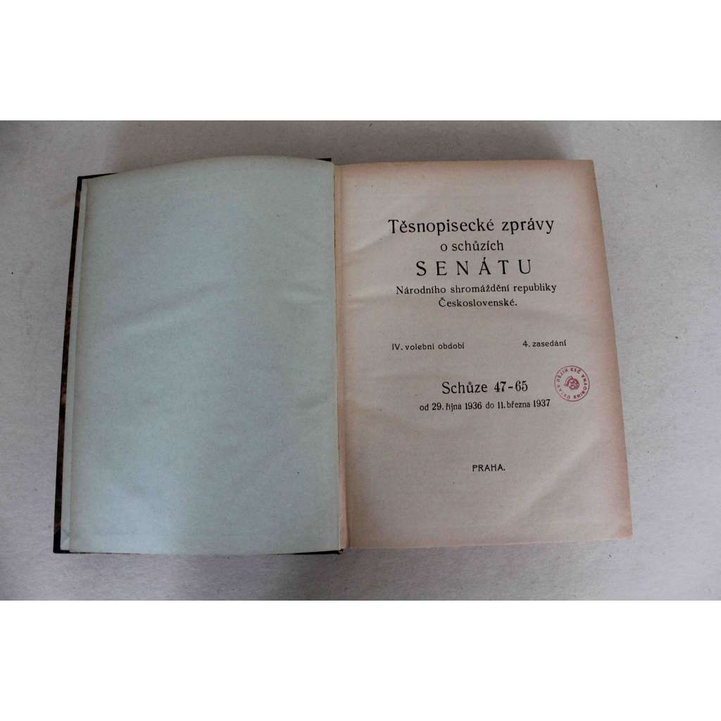 Těsnopisecké zprávy o schůzích senátu Národního shromáždění republiky Československé 1936-1937. Schůze 47-65 (senát, první republika, tisky, zákony, Noví senátoři, Zpráva branného výboru, Plamínková; polokožená vazba - vazba kůže)