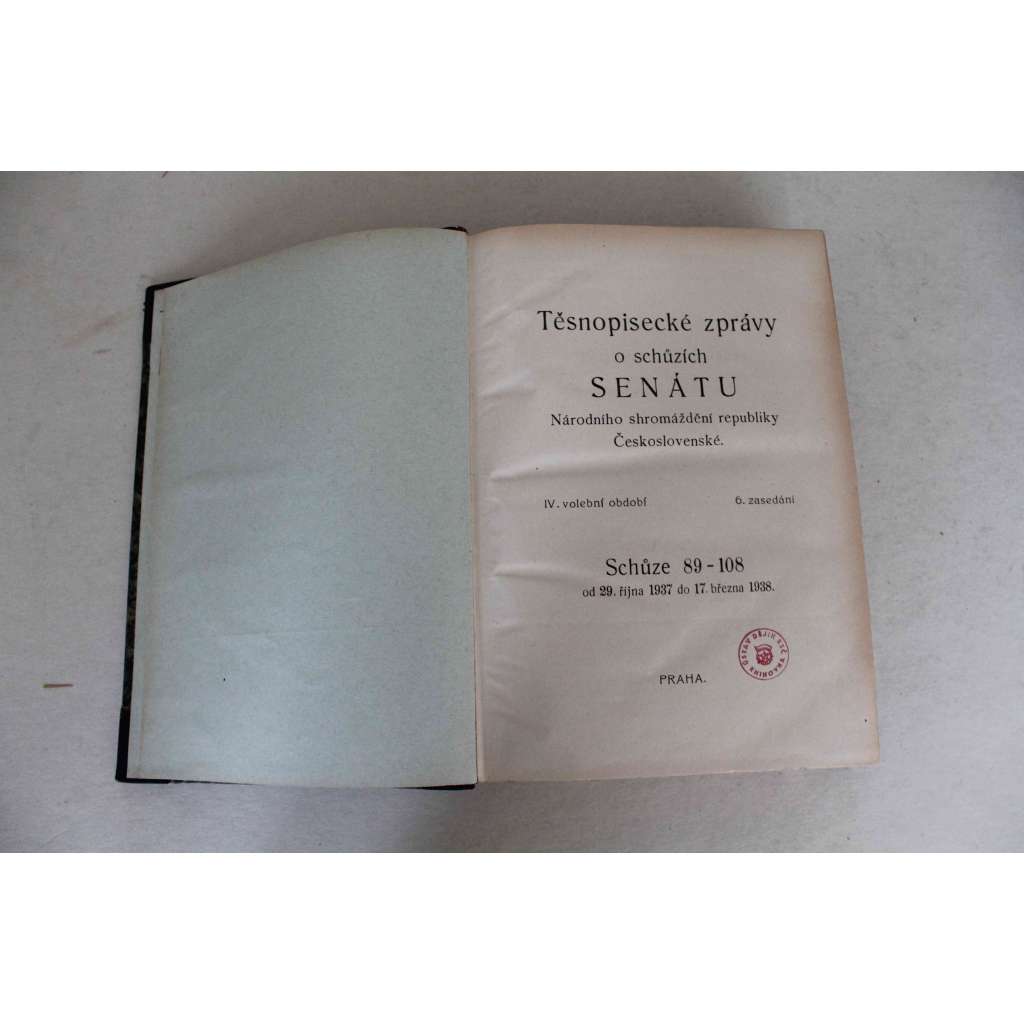 Těsnopisecké zprávy o schůzích senátu Národního shromáždění republiky Československé 1937-1938. Schůze 89-108 (senát, první republika, tisky, zákony, úmrtí Masaryk, rozpočet; polokožená vazba - vazba kůže)