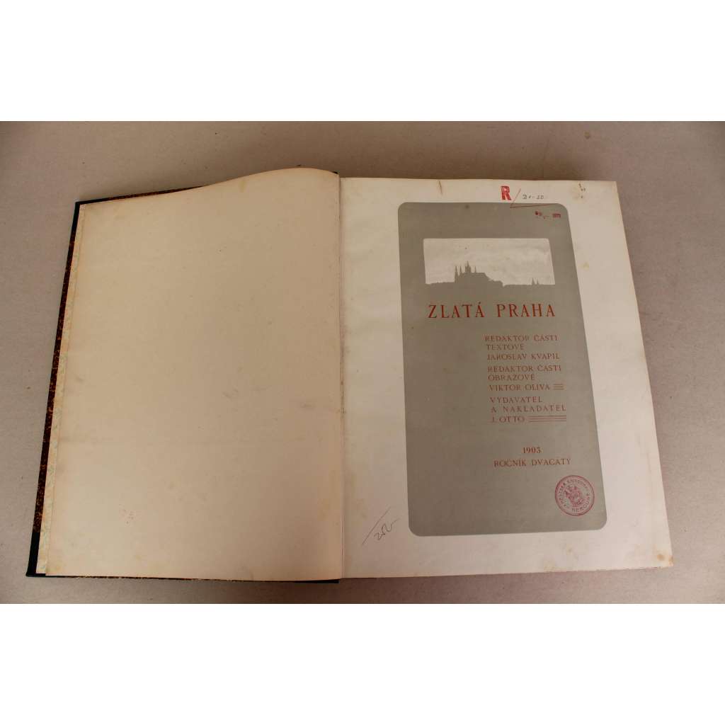 Zlatá Praha 1903, roč. XX (časopis, kultura, poezie, beletrie, hudba, mj. V. Dyk - Zlá chvíle, Balada; J. Neruda - Podzim je zde; K. Engelmüller - Na Bledu; R. Svobodová - M. Aleš; Poděbradsko, Mrštík, Moje sny; ilustrace Brožík, Panuška. Oliva, Marold)