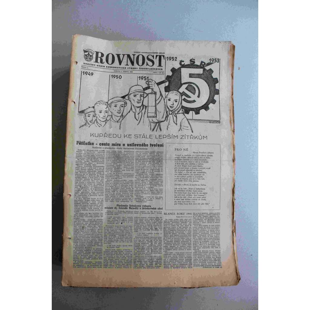 Rovnost. Krajský deník KSČ 1949 (noviny, komunismus, politika, Gottwaldovský kraj - Zlín, mj. J. Stalin, Pětiletka, Za mír, Bilance roku 1948, A. Zápotocký, Vánoce)