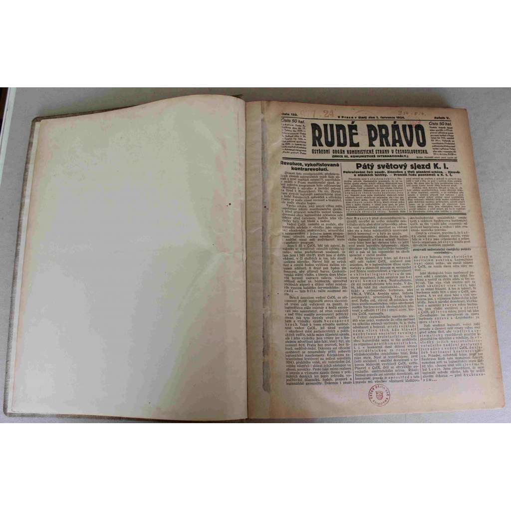 Rudé právo 1924, roč. V. (červenec-srpen) (noviny, první republika, komunismus, mj. Pátý světový sjezd K. I., Čeští socialisté proti presidentu Masarykovi, Zbrojení Malé dohody, Uznání Ruska, Francie, ČSR a sověty)
