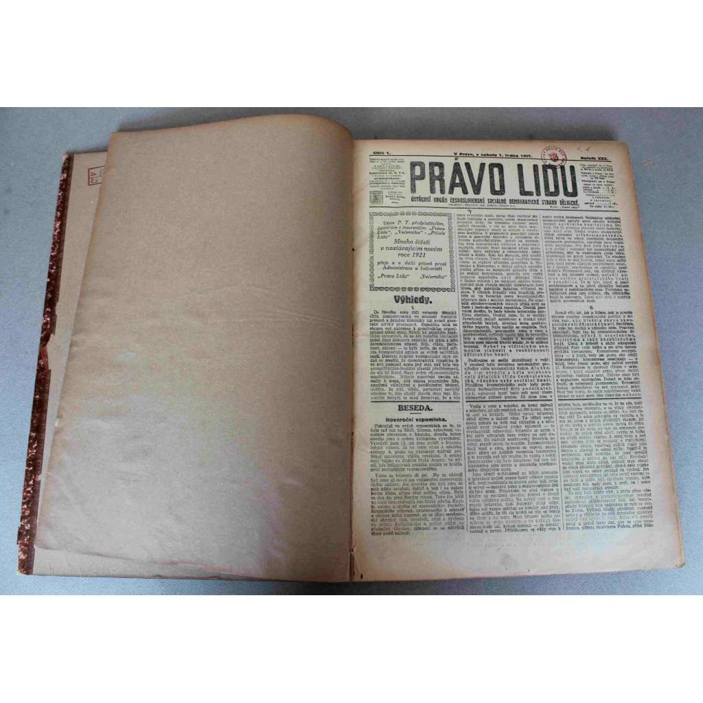 Právo lidu 1921, roč. XXX (leden) (noviny, deník, první republika, sociální demokracie, mj. POměr republiky k Římu, Odzbrojení Německa, President k zástupcům Hlučínska a Těšínska, Sovětové Rusko, K sjezdu legionářů) Právo lidu 1921, roč. XXX (leden) (noviny, deník, první republika, sociální demokracie, mj. POměr republiky k Římu, Odzbrojení Německa, President k zástupcům Hlučínska a Těšínska, Sovětové Rusko, K sjezdu legionářů)