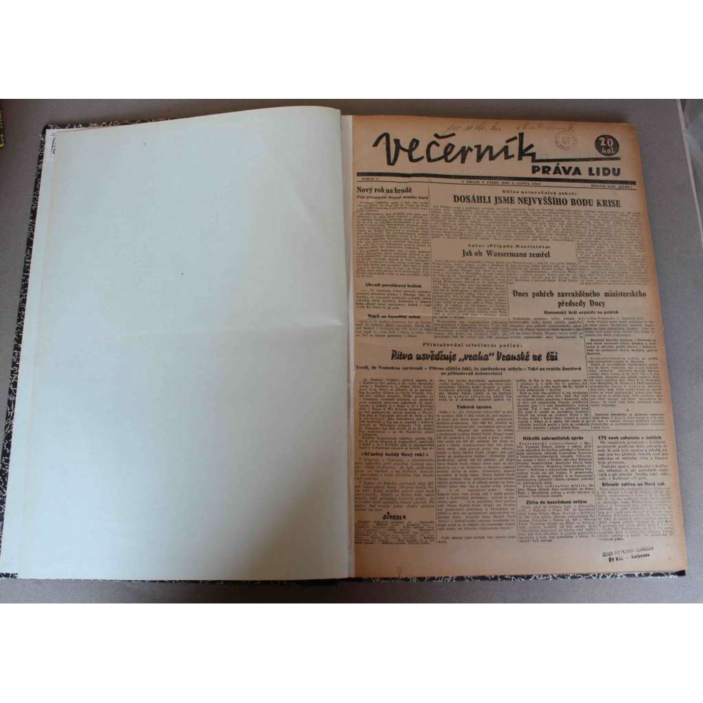 Právo lidu 1934, roč. XLIII (leden) (noviny, deník, první republika, sociální demokracie, mj. V Berlíně a Římě [Hitler, Mussolini], Neštěstí nad dole Nelson, Na Podkarpatsku je hlad, Lubbe popraven, Göringův vzkaz emigraci)
