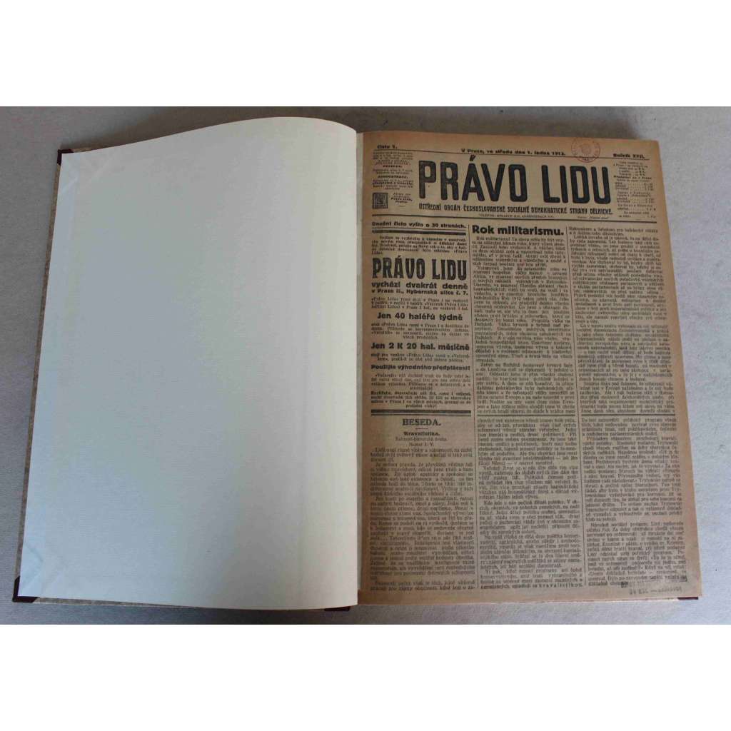 Právo lidu 1913, roč. XXII (leden) (noviny, deník, Rakousko Uhersko, sociální demokracie, mj. Nové turecké protinávrhy, Zoufalé obecní hospodářství v Praze, Vilém Černý mrtev, Konec balkánské války, Před občanskou válkou v Turecku?) Právo lidu 1913, roč. XXII (leden) (noviny, deník, Rakousko Uhersko, sociální demokracie, mj. Nové turecké protinávrhy, Zoufalé obecní hospodářství v Praze, Vilém Černý mrtev, Konec balkánské války, Před občanskou válkou v Turecku?)