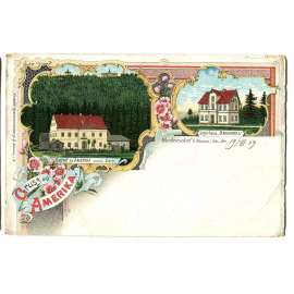 Křinice, Weckersdorf, Broumov, Náchod; hospoda Amerika, litografie