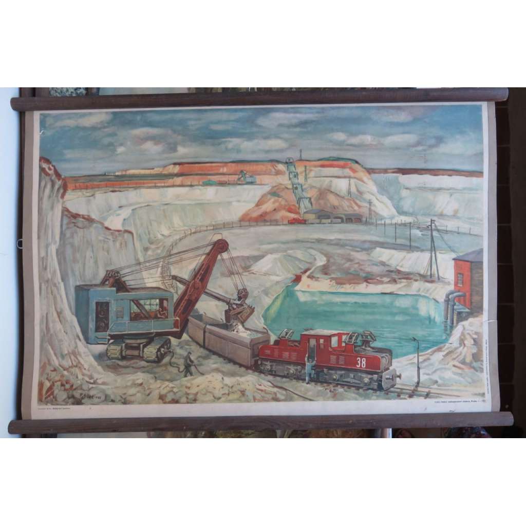 Dobývání kaolinu - důl, těžba, továrna - školní plakát (lokomotiva, železnice, mašina, jeřáb) výukový obraz