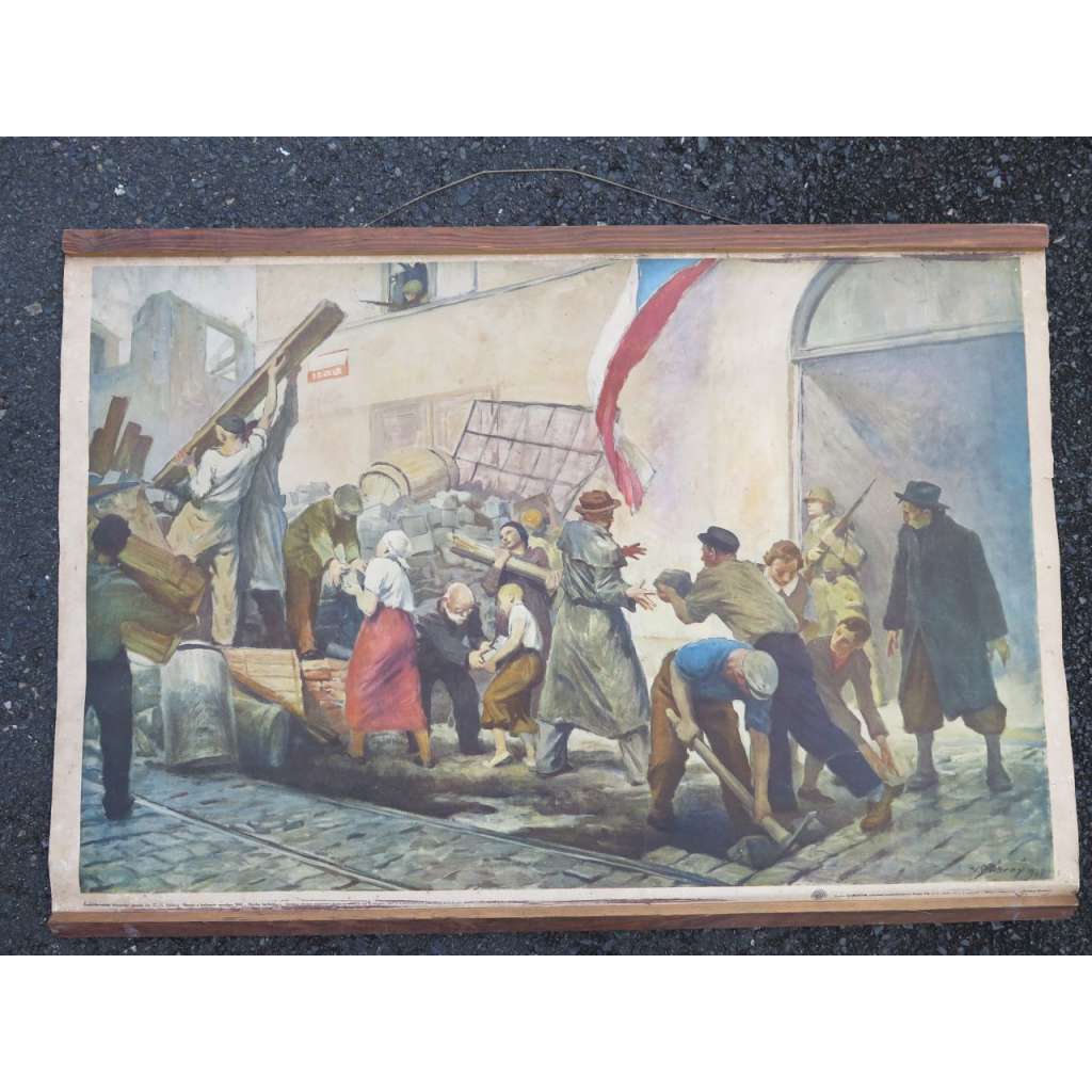 Pražské květnové povstání, květen 1945 - barikáda - školní plakát, výukový obraz [stavba barikád, 2. světová válka]