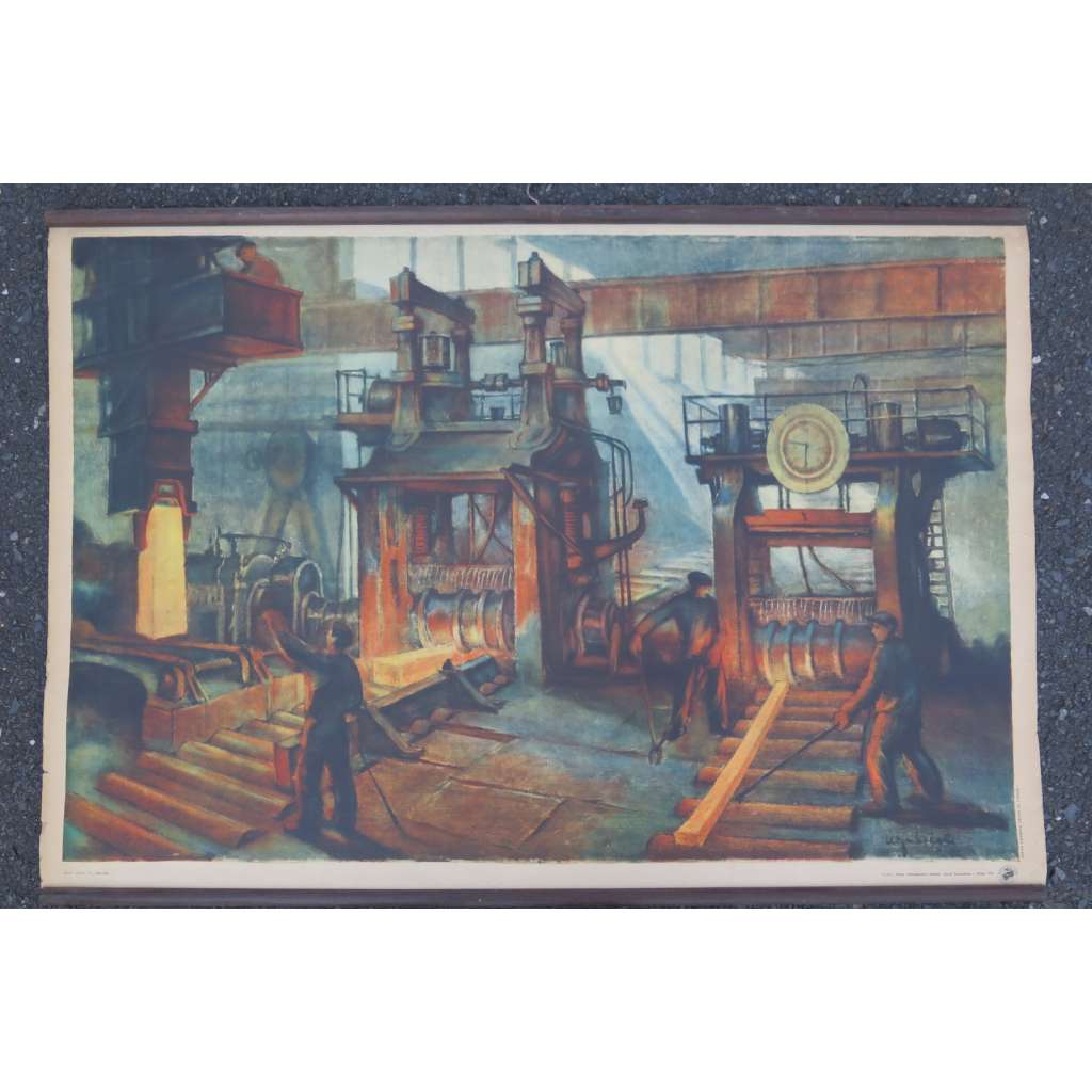 Válcovna plechu, ve válcovně - školní plakát, výukový obraz [továrna, hutě, kov, ocel, železo, výroba kovů, železa, oceli]