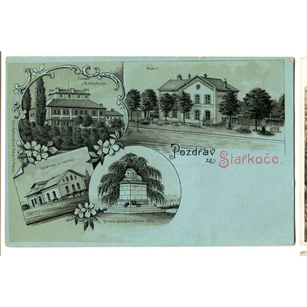 Starkoč,, Náchod, litografie, nádraží.