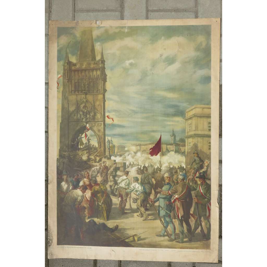 Revoluce 1848, Karlův most, Praha - školní plakát - výukový obraz - barikáda, mostecká věž, Staré Město
