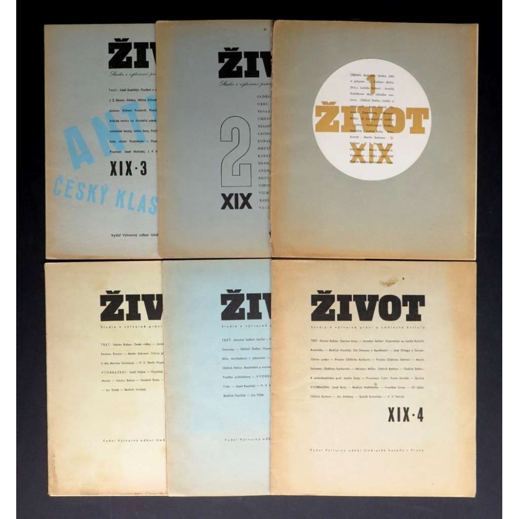 ŽIVOT, roč. XIX, 1943-1944 (1-6 komplet ; litografie V. Sedláček, podpis) Studie o výtvarné práci a umělecké kultuře (časopis, mj. Jacob Burckhardt - O renesanční společnosti; V. Hofman - Antické motivy na divadelní scéně; Josef Kaplický, Edvard Munch)
