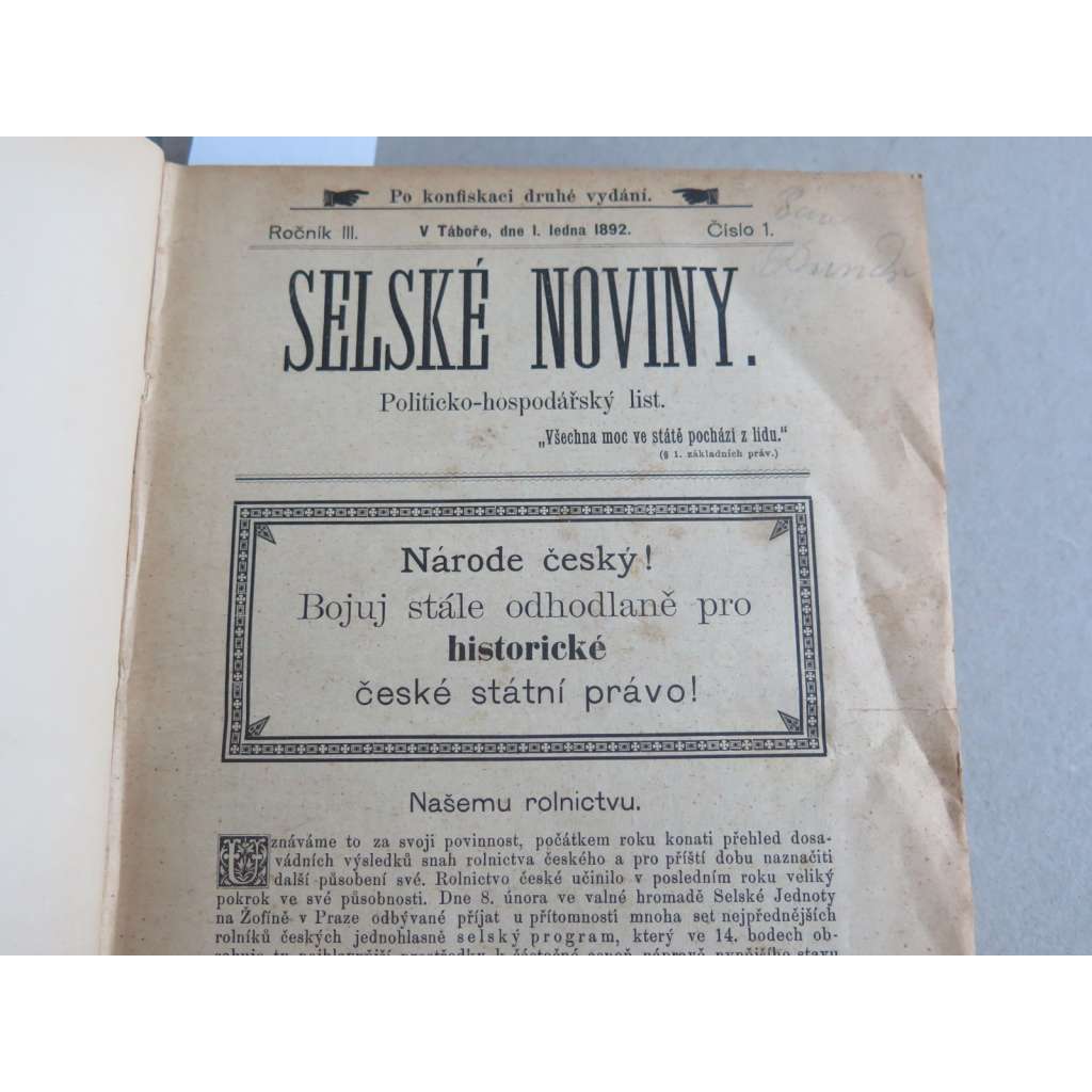 Selské noviny. Nové selské noviny. Politicko-hospodářský list. (Tábor 1892)