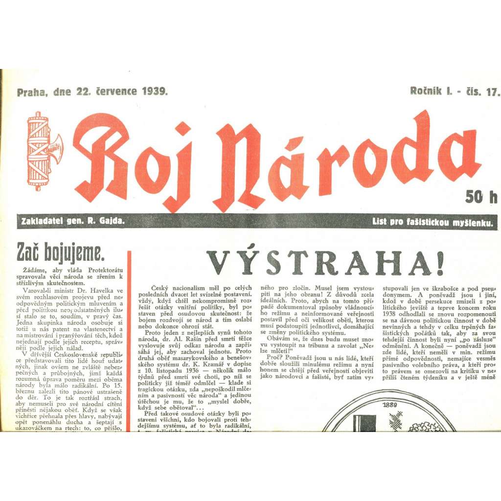 Boj národa, ročník I., číslo 17/1939. List pro fašistickou myšlenku (R. Gajda) noviny