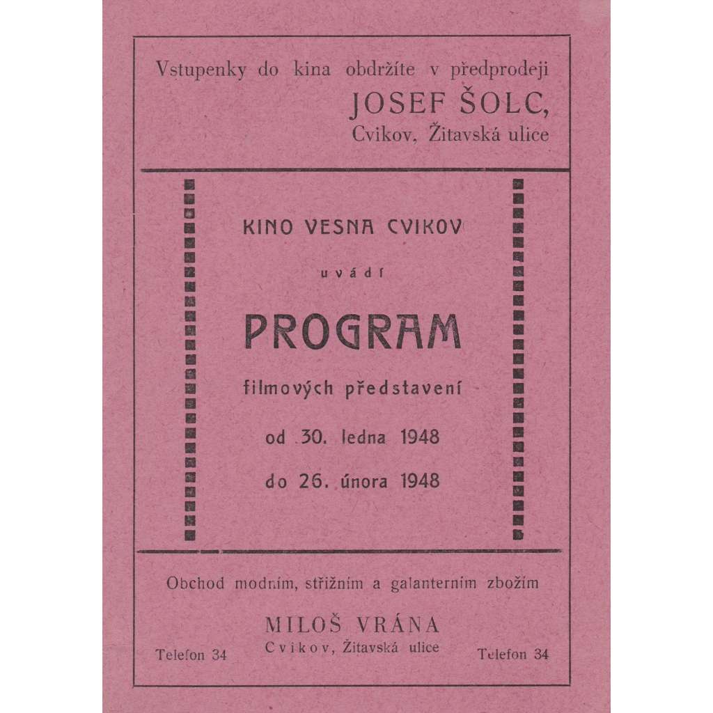 Program kina Vesna. Filmová reklama z kina.