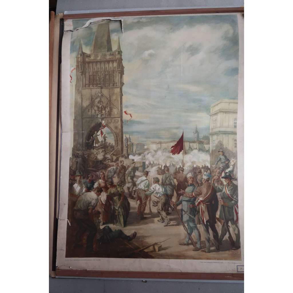 Revoluce 1848, Karlův most, Praha - školní plakát - výukový obraz - barikáda, mostecká věž, Staré Město (poškoz.)
