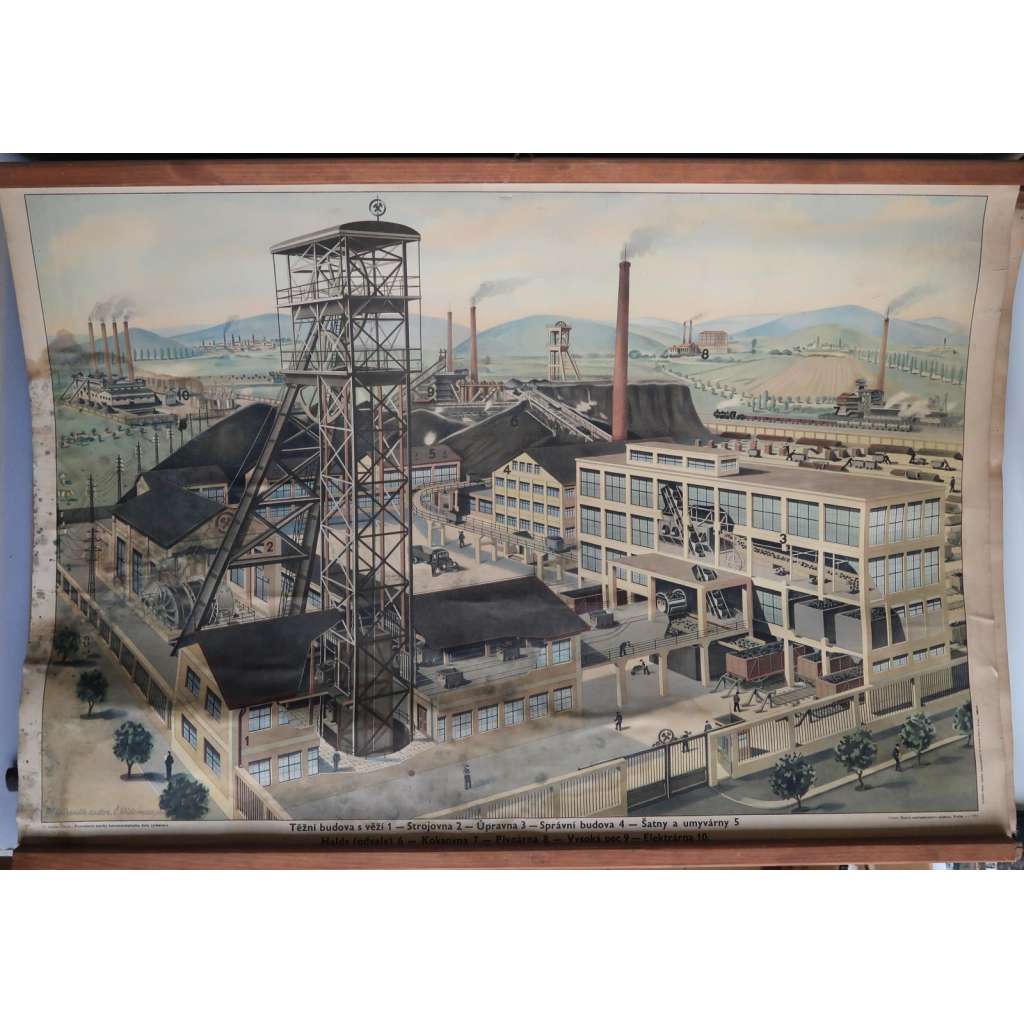 Důlní těžba - uhlí - stavby dolu - průmysl - školní plakát - výukový obraz (1951)