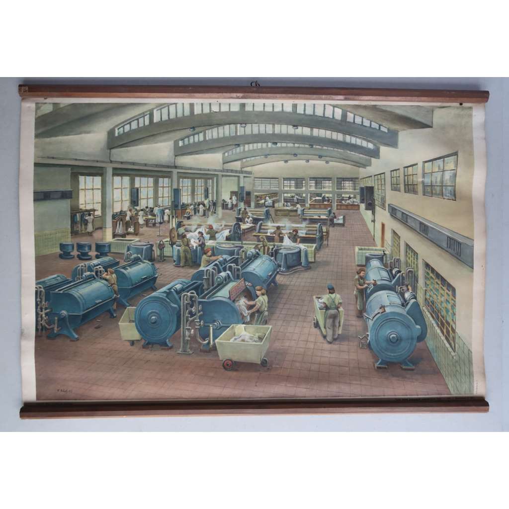 Družstevní prádelna - školní plakát, výukový obraz (1952) [průmysl, továrna]