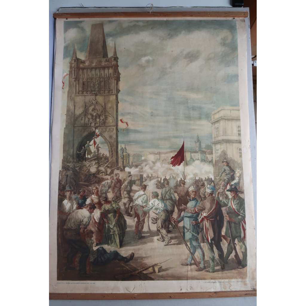 Revoluce 1848, Karlův most, Praha - školní plakát - výukový obraz - barikáda, mostecká věž, Staré Město