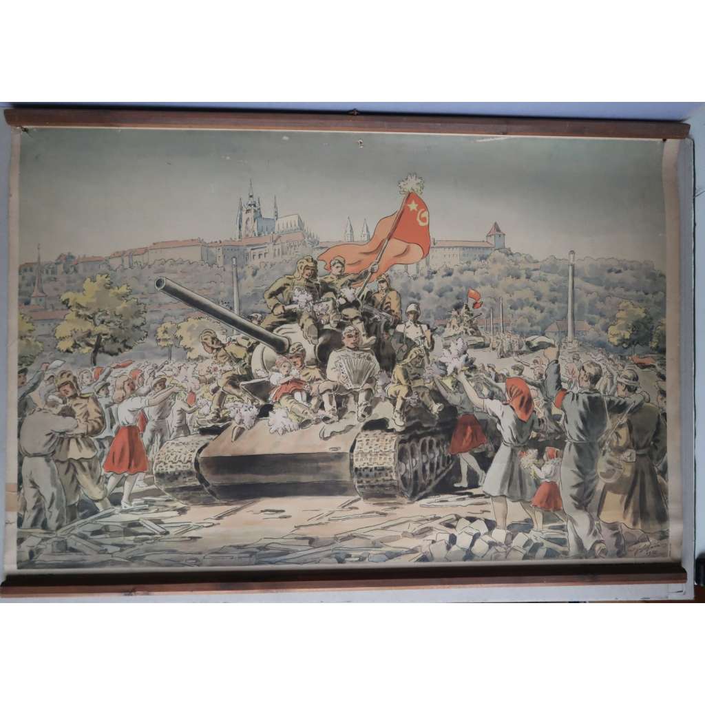 Tank, osvobození Prahy - květen 1945 - školní plakát - výukový obraz - 2. světová válka
