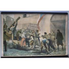 Revoluce květen 1945 - školní plakát - výukový obraz - 2. světová válka - stavba barikád, barikáda