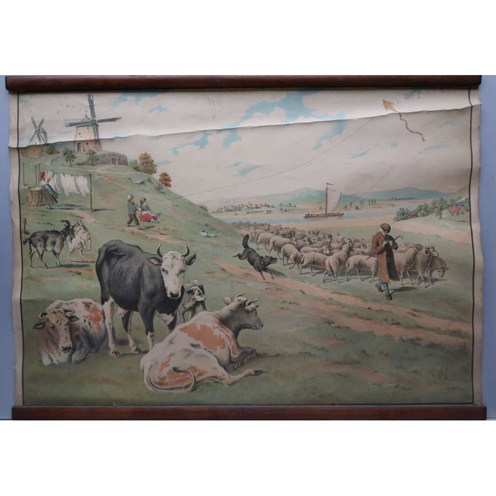 Podzim - školní plakát - výukový obraz (pastva ovcí, pouštění draků, větrný mlýn, krávy na pastvě)