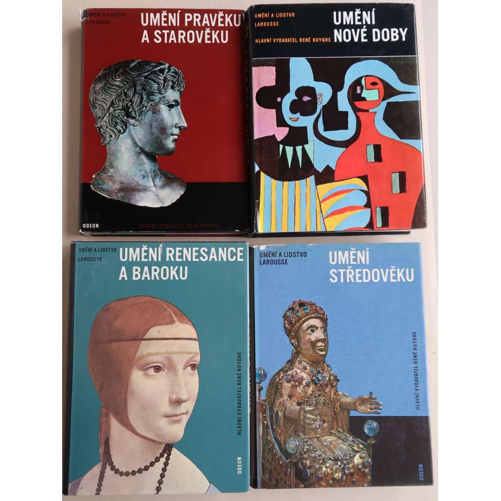 Umění a lidstvo, Larousse 1-4 KOMPLET Dějiny umění světa - Umění pravěku a starověku, Umění středověku, Umění renesance a baroku, Umění nové doby [architektura malba sochařství obrazy sochy stavby starověk antika středověk gotika baroko]