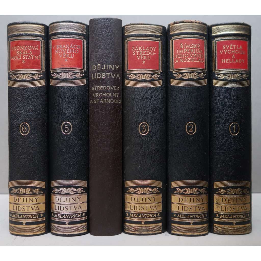 Dějiny lidstva od pravěku k dnešku - KOMPLET 6 sv. VAZBY KŮŽE (Světla vých. a Hellady; Římské imperium, jeho vznik a rozklad; Základy středověku; Středověk, vrcholný a stárnoucí; V branách nov. věku (1450–1650); Bronzová skála moci státní (1650–1789)