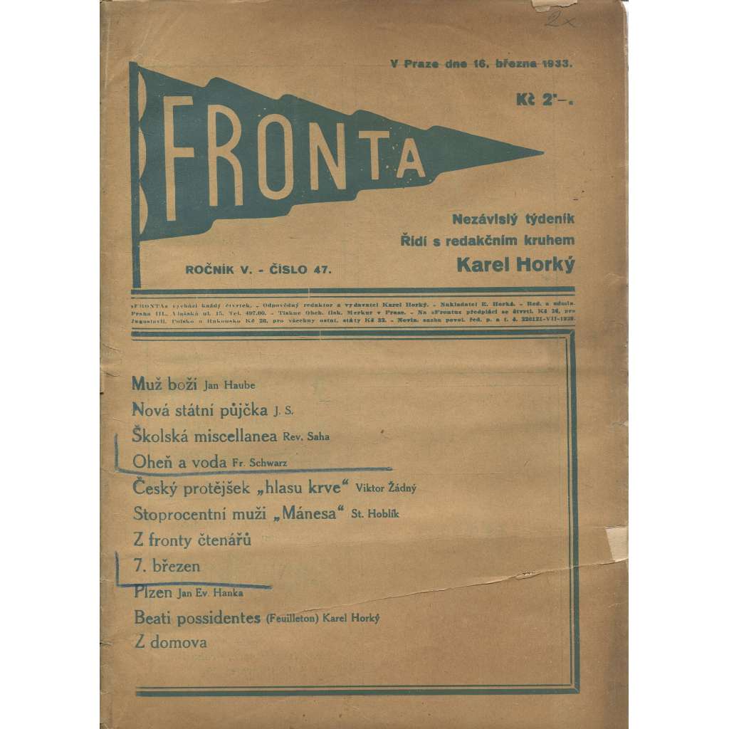 Fronta, ročník V., číslo 47/1933 (Nezávislý týdeník)