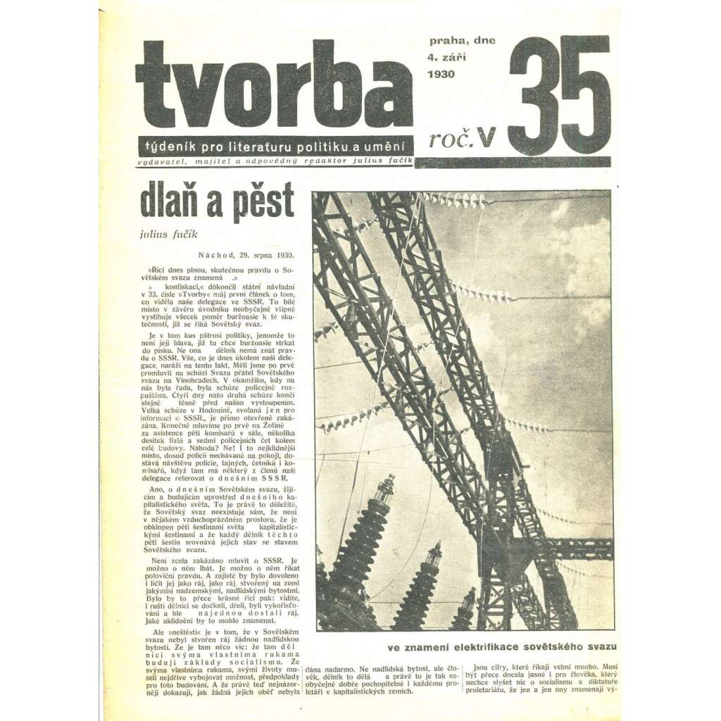 Tvorba, ročník V. (4.9.1930). Týdeník pro literaturu, politiku a umění (časopis)
