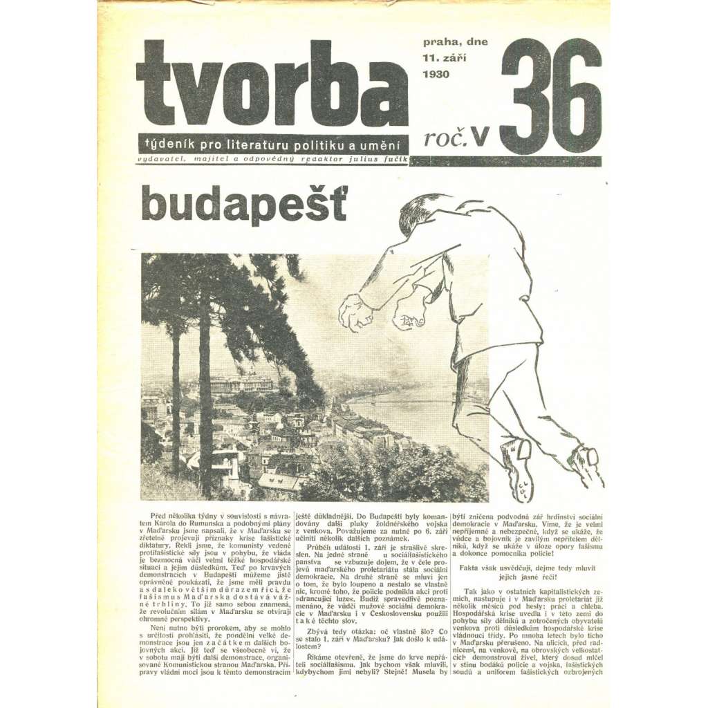 Tvorba, ročník V. (11.9.1930). Týdeník pro literaturu, politiku a umění (časopis)