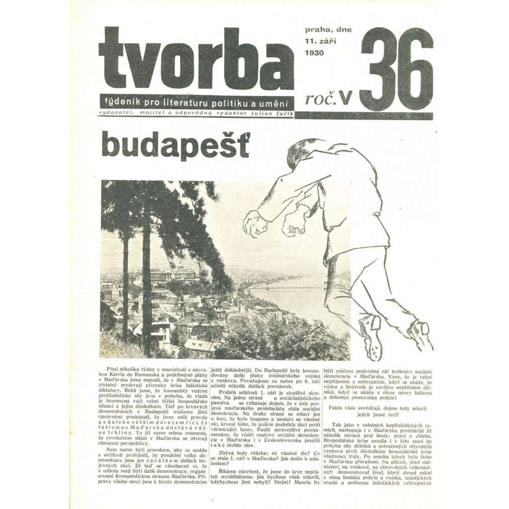 Tvorba, ročník V. (11.9.1930). Týdeník pro literaturu, politiku a umění (časopis)