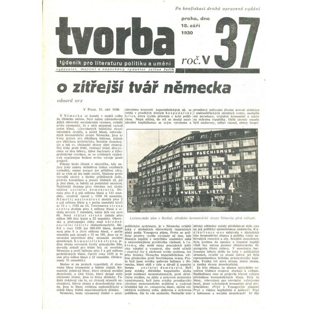 Tvorba, ročník V. (18.9.1930). Týdeník pro literaturu, politiku a umění (časopis)