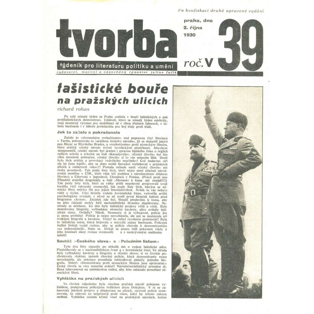 Tvorba, ročník V. (2.10.1930). Týdeník pro literaturu, politiku a umění (časopis)