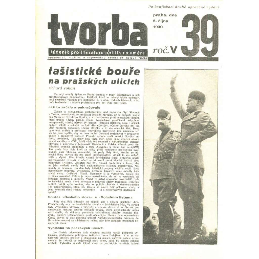 Tvorba, ročník V. (2.10.1930). Týdeník pro literaturu, politiku a umění (časopis)