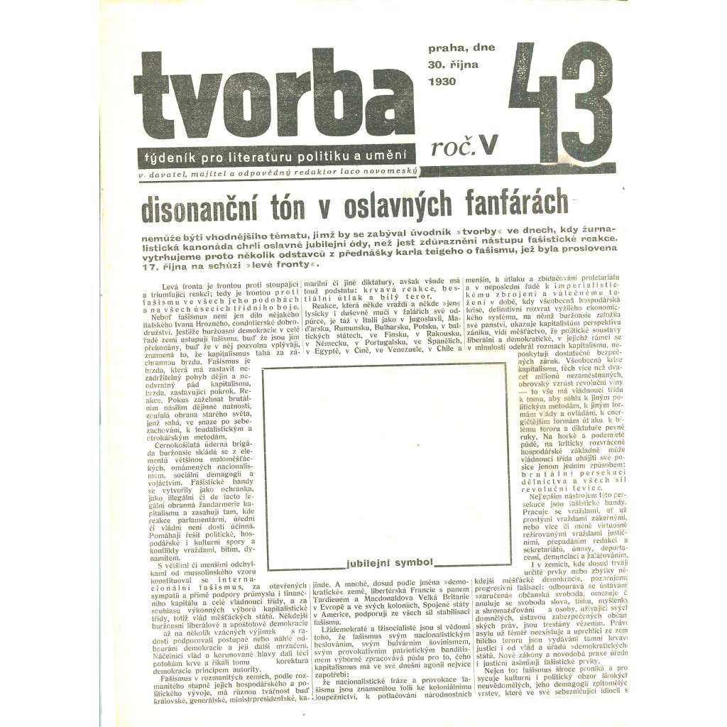 Tvorba, ročník V. (30.10.1930). Týdeník pro literaturu, politiku a umění (časopis)