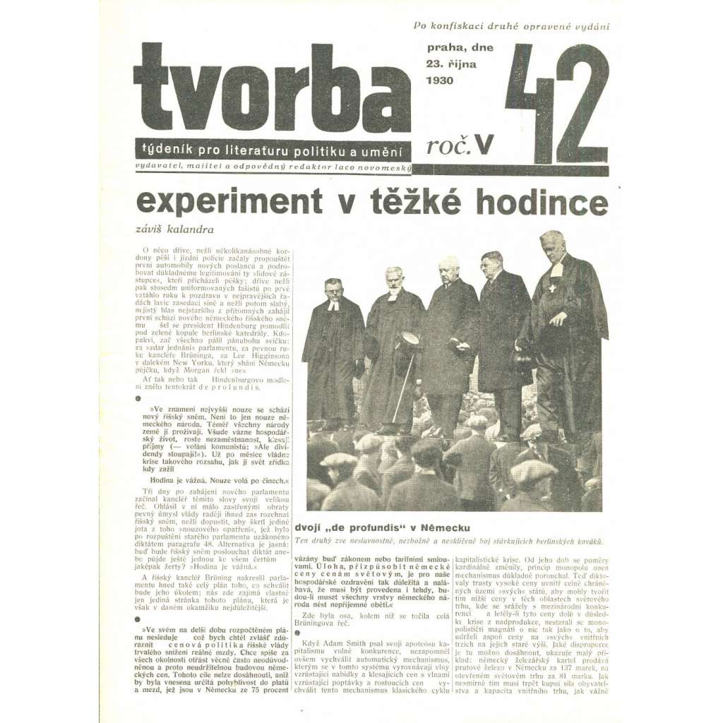 Tvorba, ročník V. (23.10.1930). Týdeník pro literaturu, politiku a umění (časopis)