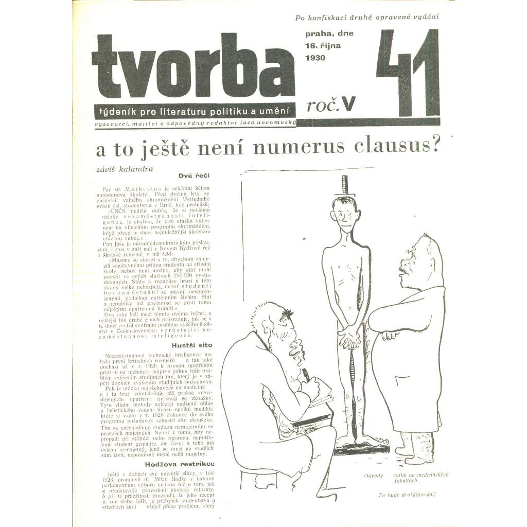 Tvorba, ročník V. (16.10.1930). Týdeník pro literaturu, politiku a umění (časopis)