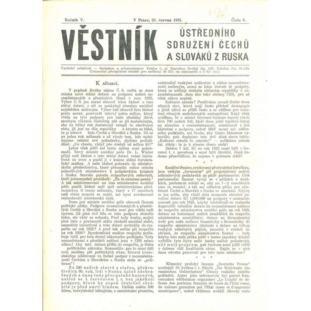 Věstník Sdružení Čechů a Slováků z Ruska, ročník V., číslo 9/1925 (noviny, časopis) - legie