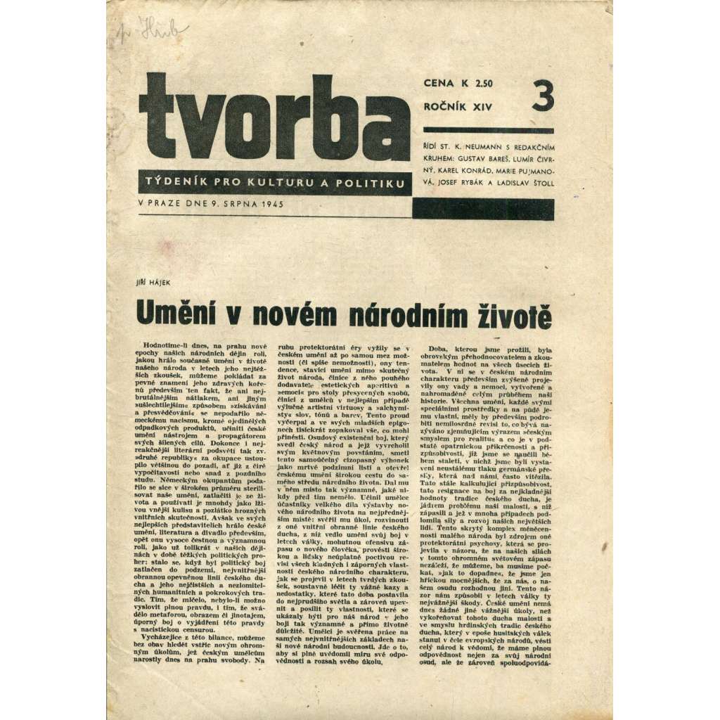 Tvorba, ročník XIV. (9.8.1945). Týdeník pro literaturu a politiku (časopis)