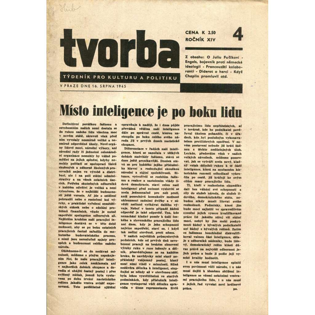 Tvorba, ročník XIV. (16.8.1945). Týdeník pro literaturu a politiku (časopis)