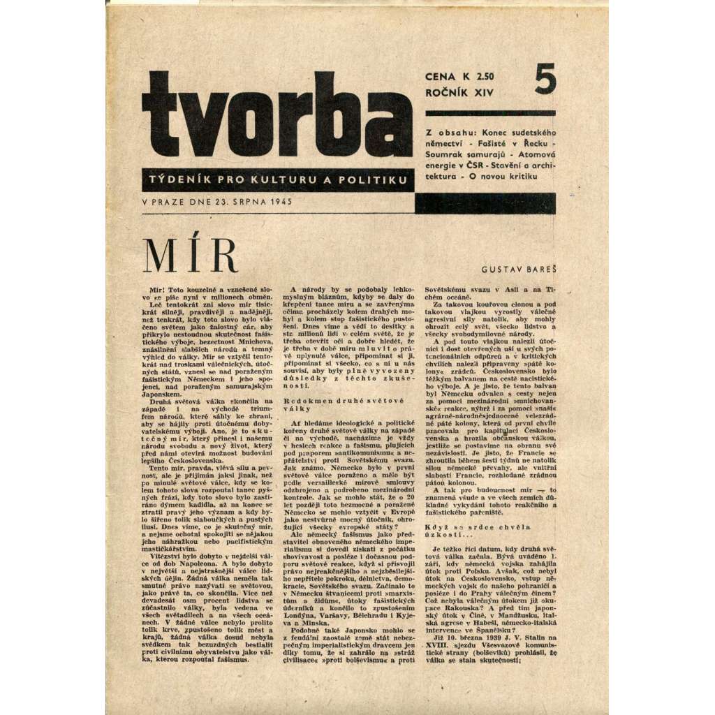 Tvorba, ročník XIV. (23.8.1945). Týdeník pro literaturu a politiku (časopis)