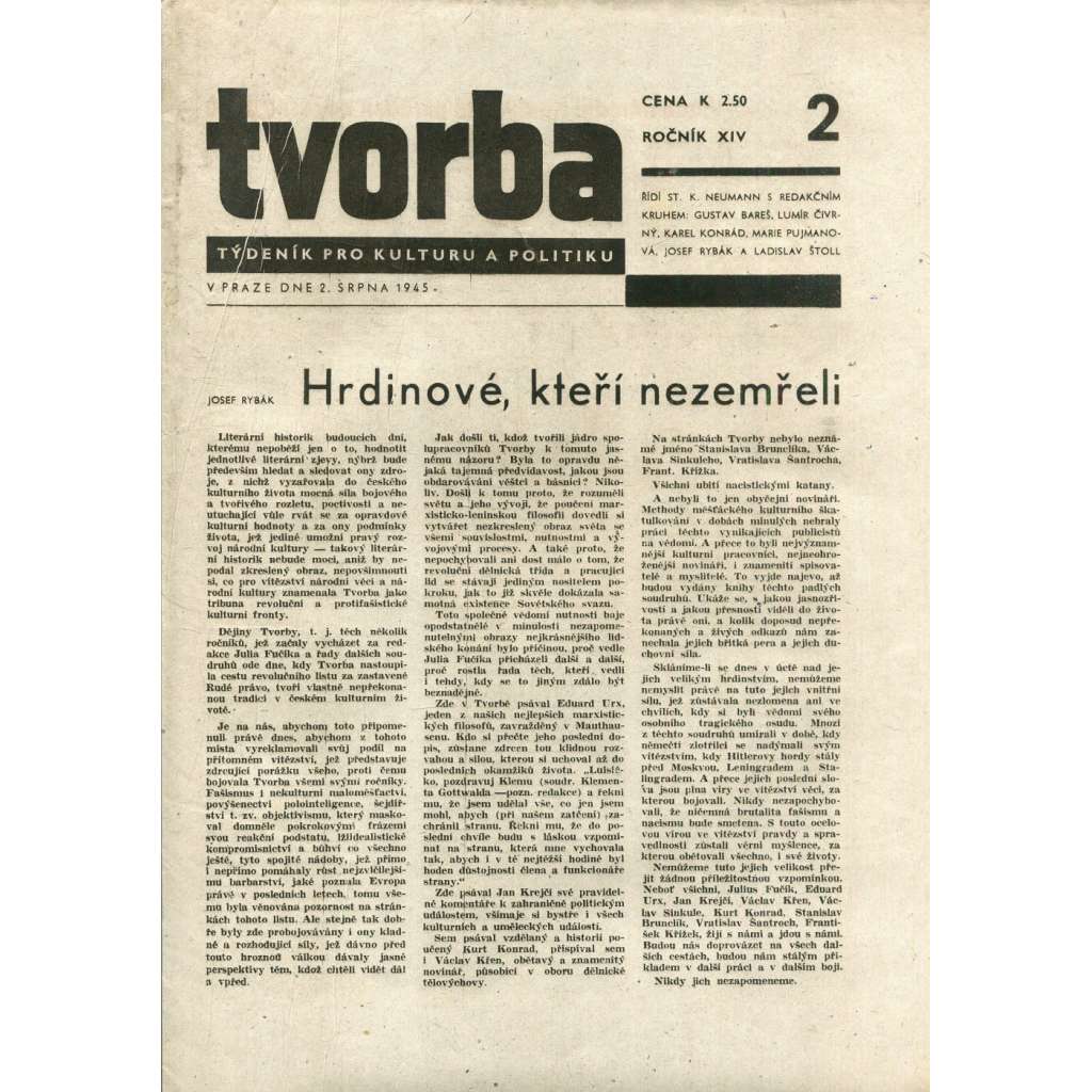 Tvorba, ročník XIV. (2.8.1945). Týdeník pro literaturu a politiku (časopis)