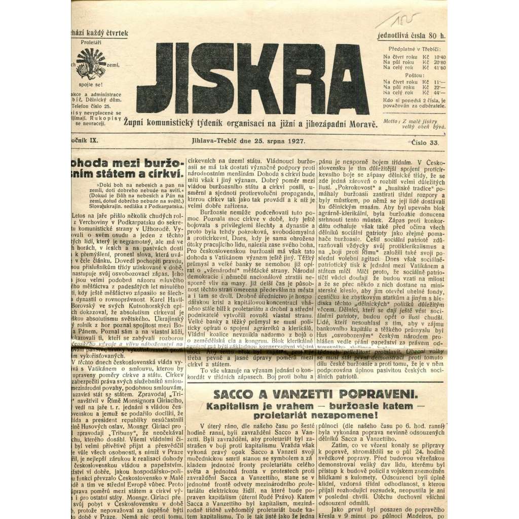 Jiskra. Župní komunistický týdeník organisací na jižní a jihozápadní Moravě. Ročník IX., číslo 33. (25.8.1927) - staré noviny