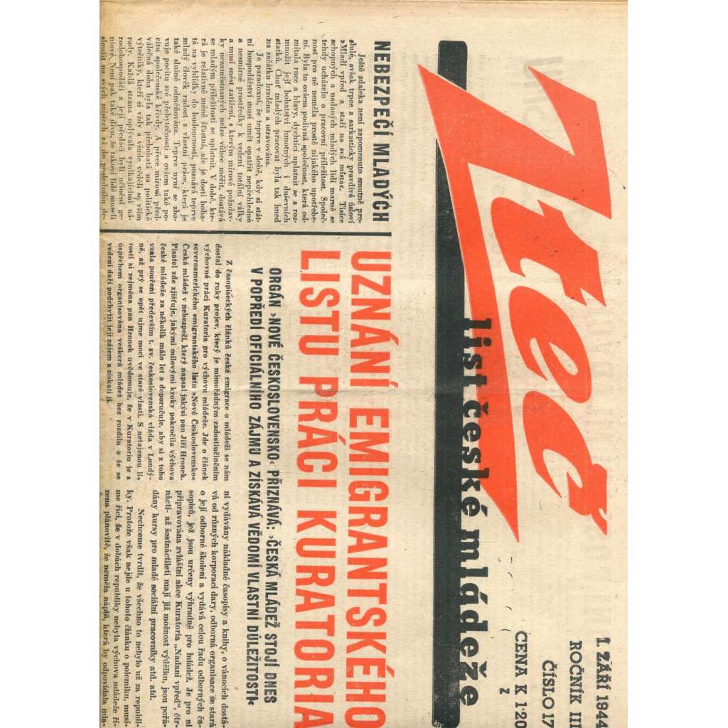 Zteč. List české mládeže. Ročník III., číslo 17 (1.9.1944) - noviny (vyd. Kuratorium, protektorát) - List nové generace